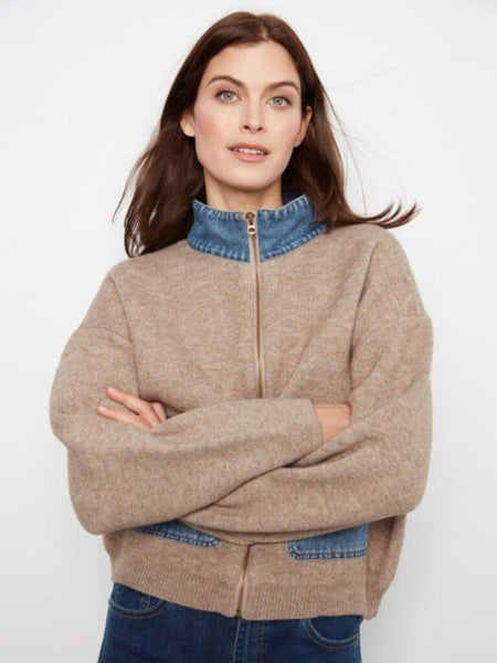 Charlie B Denim Detail Sweater Jacket