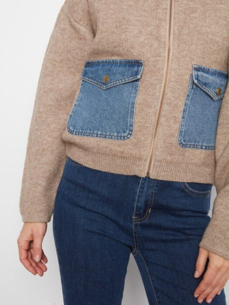 Charlie B Denim Detail Sweater Jacket