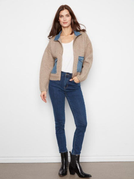 Charlie B Denim Detail Sweater Jacket