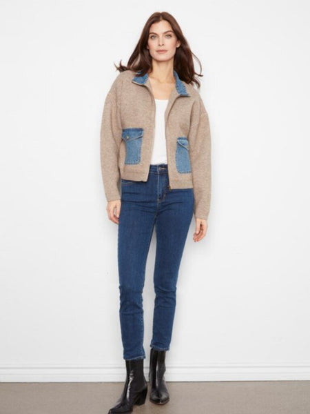 Charlie B Denim Detail Sweater Jacket