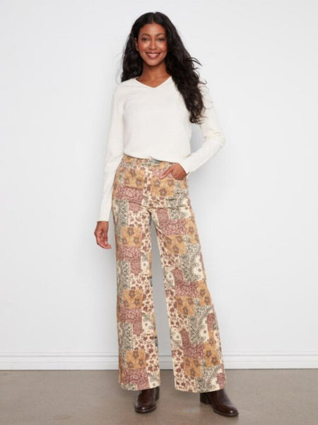 Charlie B Wide Leg Printed Twill Pants - Quilt