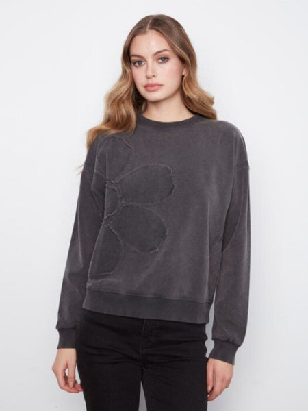 Charlie B Crewneck with Flower Appliqué - Charcoal