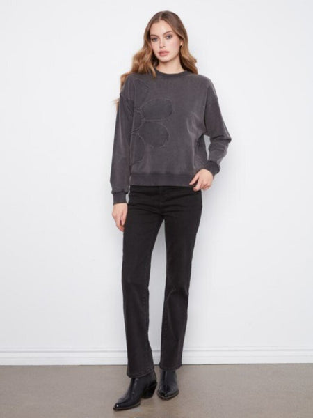 Charlie B Crewneck with Flower Appliqué - Charcoal