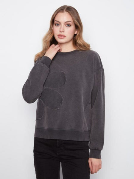 Charlie B Crewneck with Flower Appliqué - Charcoal