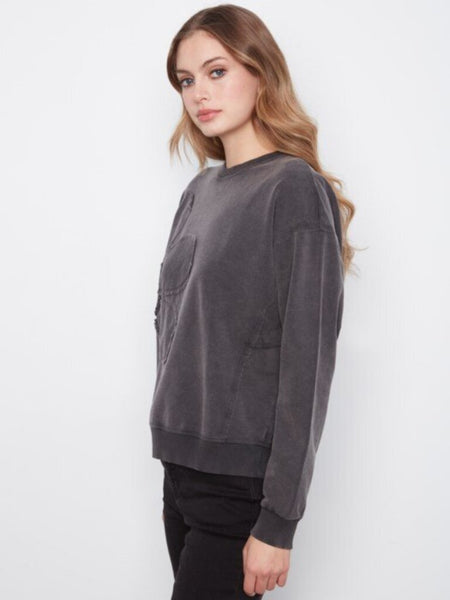 Charlie B Crewneck with Flower Appliqué - Charcoal