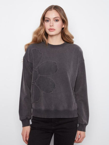 Charlie B Crewneck with Flower Appliqué - Charcoal