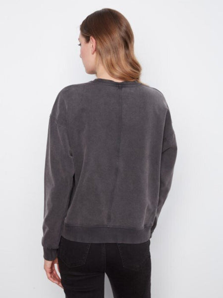 Charlie B Crewneck with Flower Appliqué - Charcoal