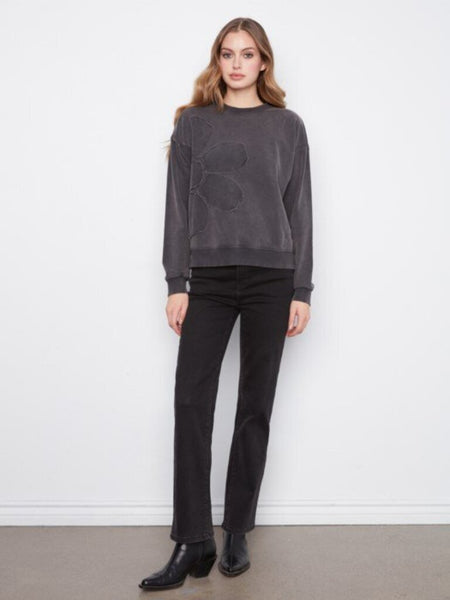 Charlie B Crewneck with Flower Appliqué - Charcoal