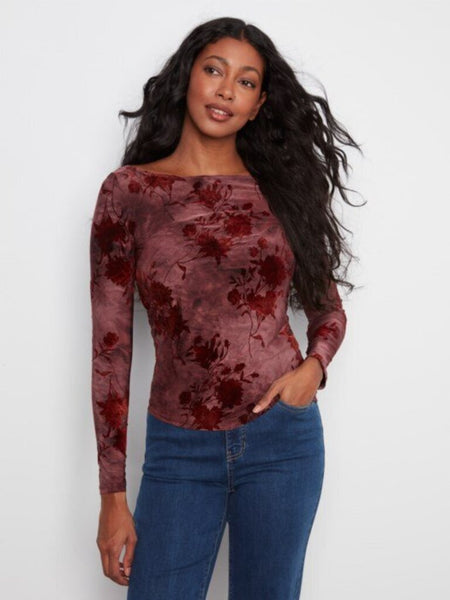 Charlie B Floral Ruched Boat Neck Top