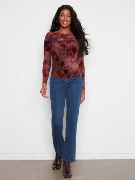 Charlie B Floral Ruched Boat Neck Top