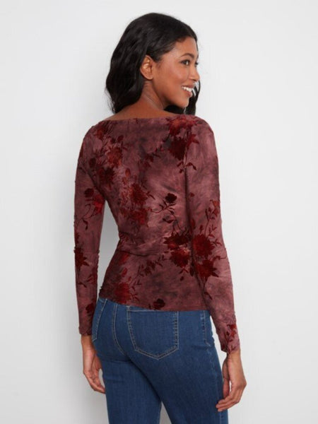 Charlie B Floral Ruched Boat Neck Top