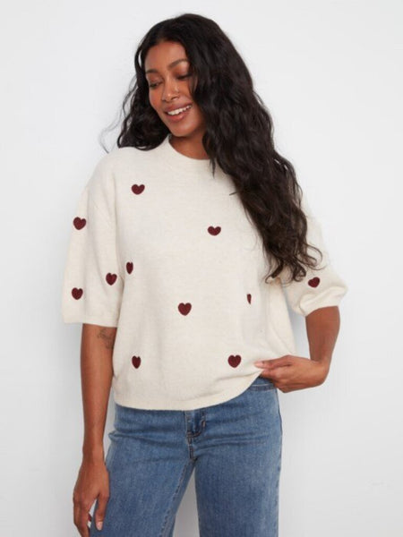 Charlie B Balloon Elbow Sleeve Sweater - Heather Oat Hearts