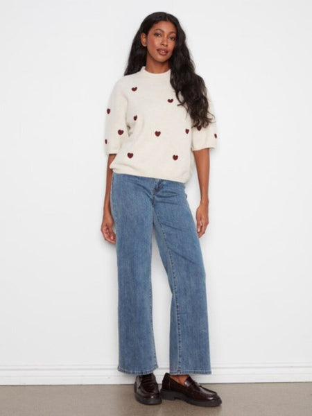 Charlie B Balloon Elbow Sleeve Sweater - Heather Oat Hearts