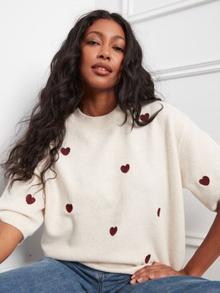 Charlie B Balloon Elbow Sleeve Sweater - Heather Oat Hearts