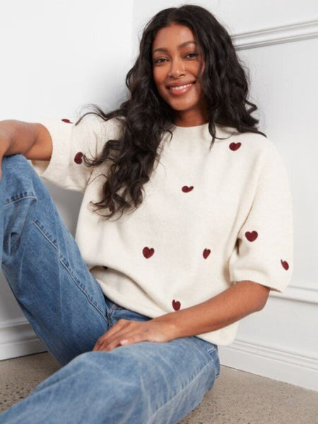 Charlie B Balloon Elbow Sleeve Sweater - Heather Oat Hearts