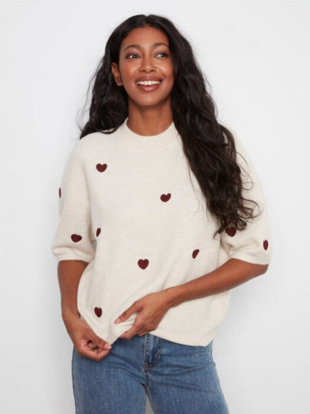 Charlie B Balloon Elbow Sleeve Sweater - Heather Oat Hearts