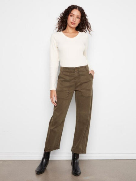 Charlie B Cropped Barrel Leg Twill Pants - Olive