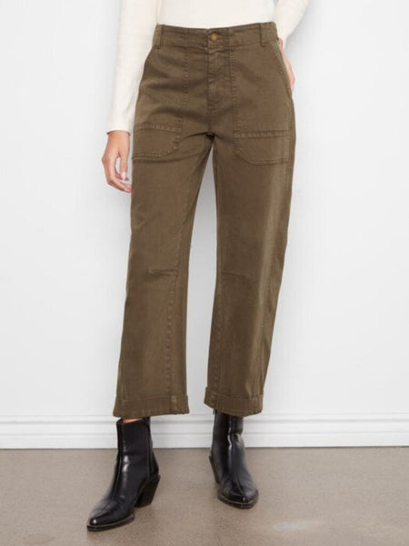 Charlie B Cropped Barrel Leg Twill Pants - Olive