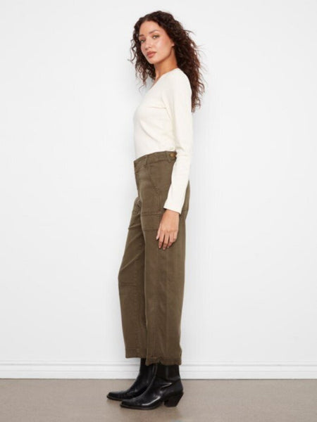 Charlie B Cropped Barrel Leg Twill Pants - Olive