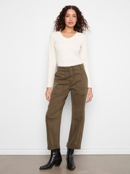 Charlie B Cropped Barrel Leg Twill Pants - Olive