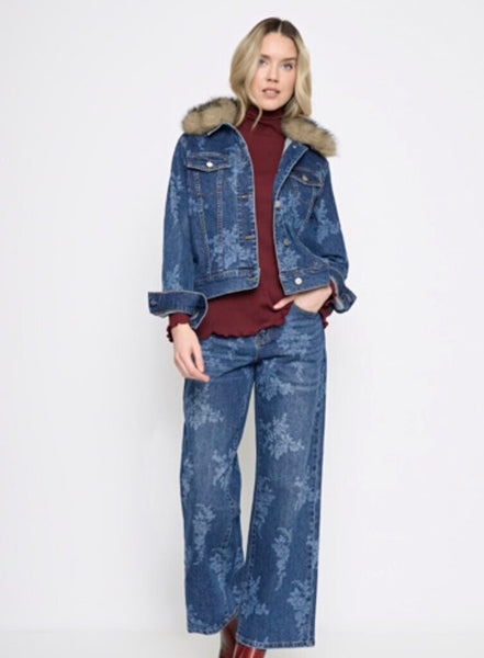 Picadilly Embellished Printed Faux Fur Collar Denim Jacket