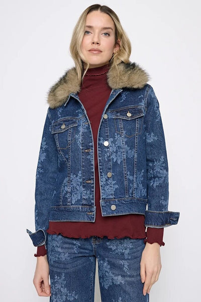 Picadilly Embellished Printed Faux Fur Collar Denim Jacket