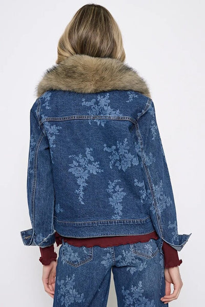 Picadilly Embellished Printed Faux Fur Collar Denim Jacket