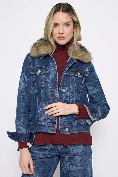 Picadilly Embellished Printed Faux Fur Collar Denim Jacket