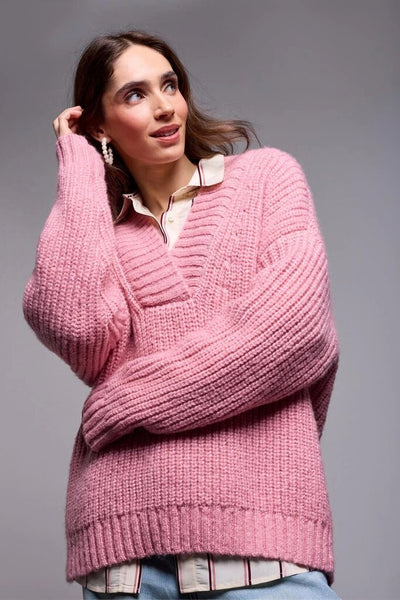 Tribal Blue Thread Oversized Chunky Knit Deep V-Neck Sweater - Pink Frost