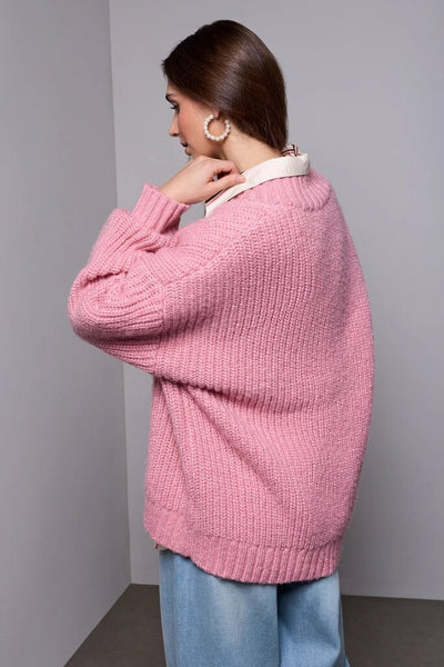 Tribal Blue Thread Oversized Chunky Knit Deep V-Neck Sweater - Pink Frost
