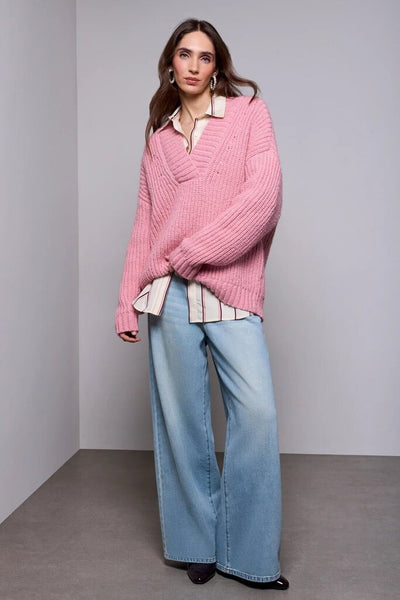 Tribal Blue Thread Oversized Chunky Knit Deep V-Neck Sweater - Pink Frost