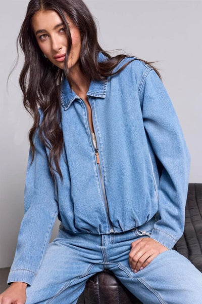 Tribal Blue Thread Bubble Head Back Pleat Denim Jacket