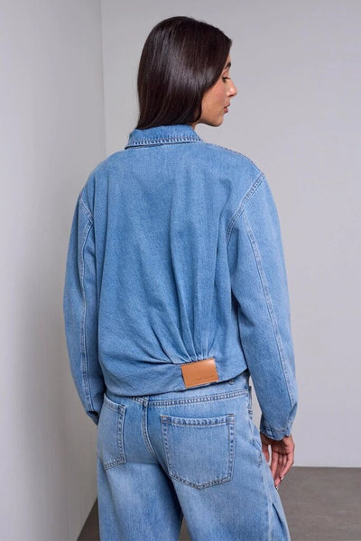 Tribal Blue Thread Bubble Head Back Pleat Denim Jacket