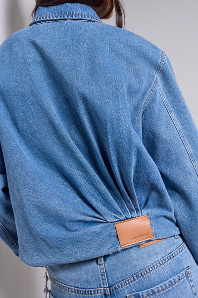 Tribal Blue Thread Bubble Head Back Pleat Denim Jacket