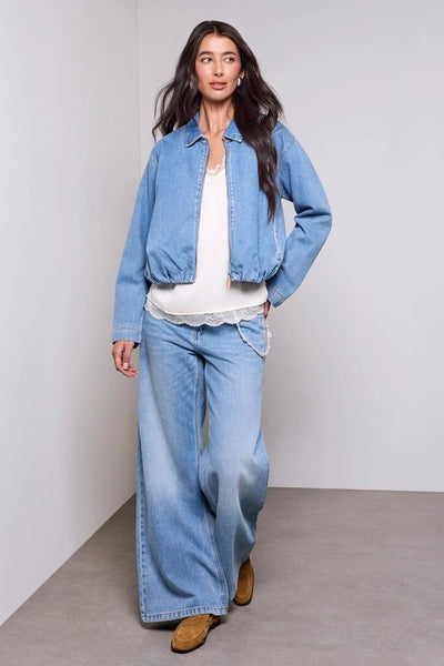 Tribal Blue Thread Bubble Head Back Pleat Denim Jacket