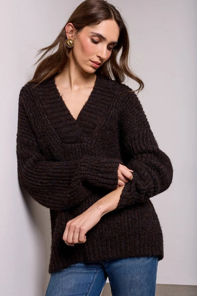 Tribal Blue Thread Oversized Chunky Knit Deep V-Neck Sweater - Saddle Brown