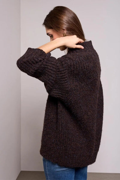 Tribal Blue Thread Oversized Chunky Knit Deep V-Neck Sweater - Saddle Brown