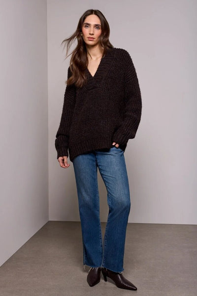 Tribal Blue Thread Oversized Chunky Knit Deep V-Neck Sweater - Saddle Brown