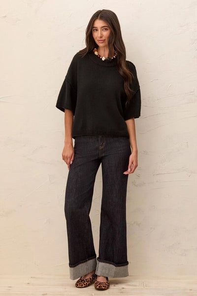 Tribal Drop Shoulder Elbow Sleeve Sweater - Black