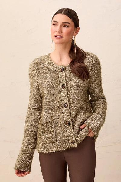 Tribal Eyelash Knit Button Front Cardigan - Basil