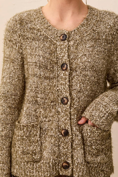 Tribal Eyelash Knit Button Front Cardigan - Basil