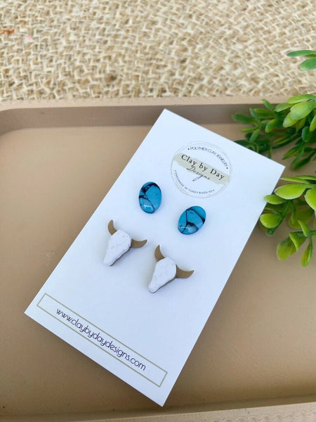 Clay by Day Cattle Skull + Turqoise Stud Earrings