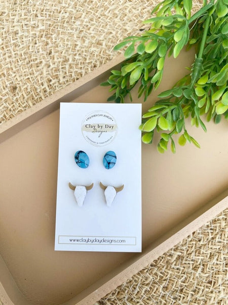 Clay by Day Cattle Skull + Turqoise Stud Earrings