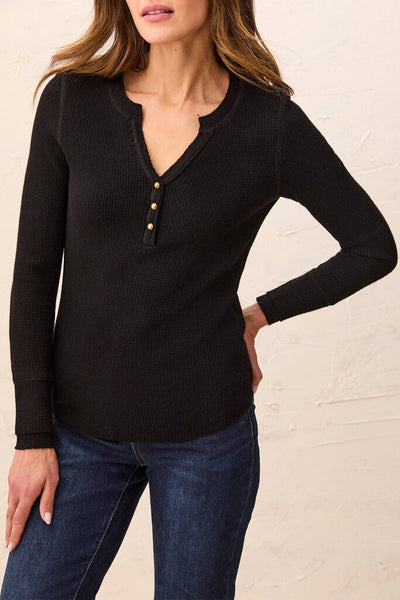 Tribal Soft Washed Waffle Button Henley Top - Black