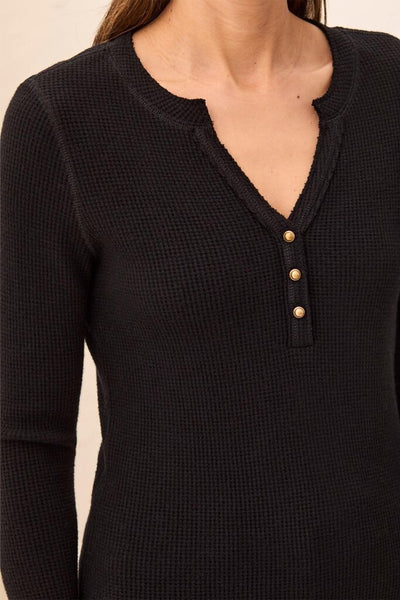 Tribal Soft Washed Waffle Button Henley Top - Black