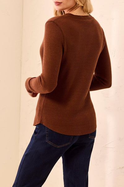 Tribal Soft Washed Waffle Button Henley Top - Chocolate