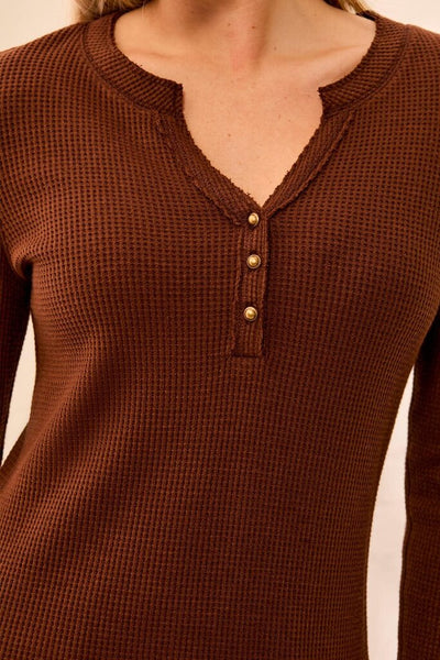 Tribal Soft Washed Waffle Button Henley Top - Chocolate
