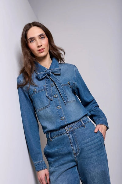 Tribal Blue Thread Selt-Tie Bow Button Front Denim Shirt