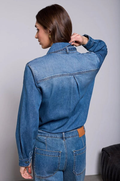 Tribal Blue Thread Selt-Tie Bow Button Front Denim Shirt