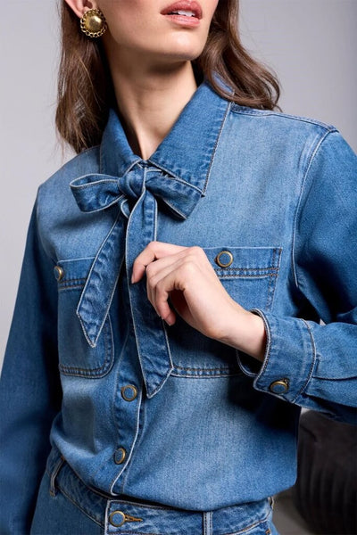 Tribal Blue Thread Selt-Tie Bow Button Front Denim Shirt